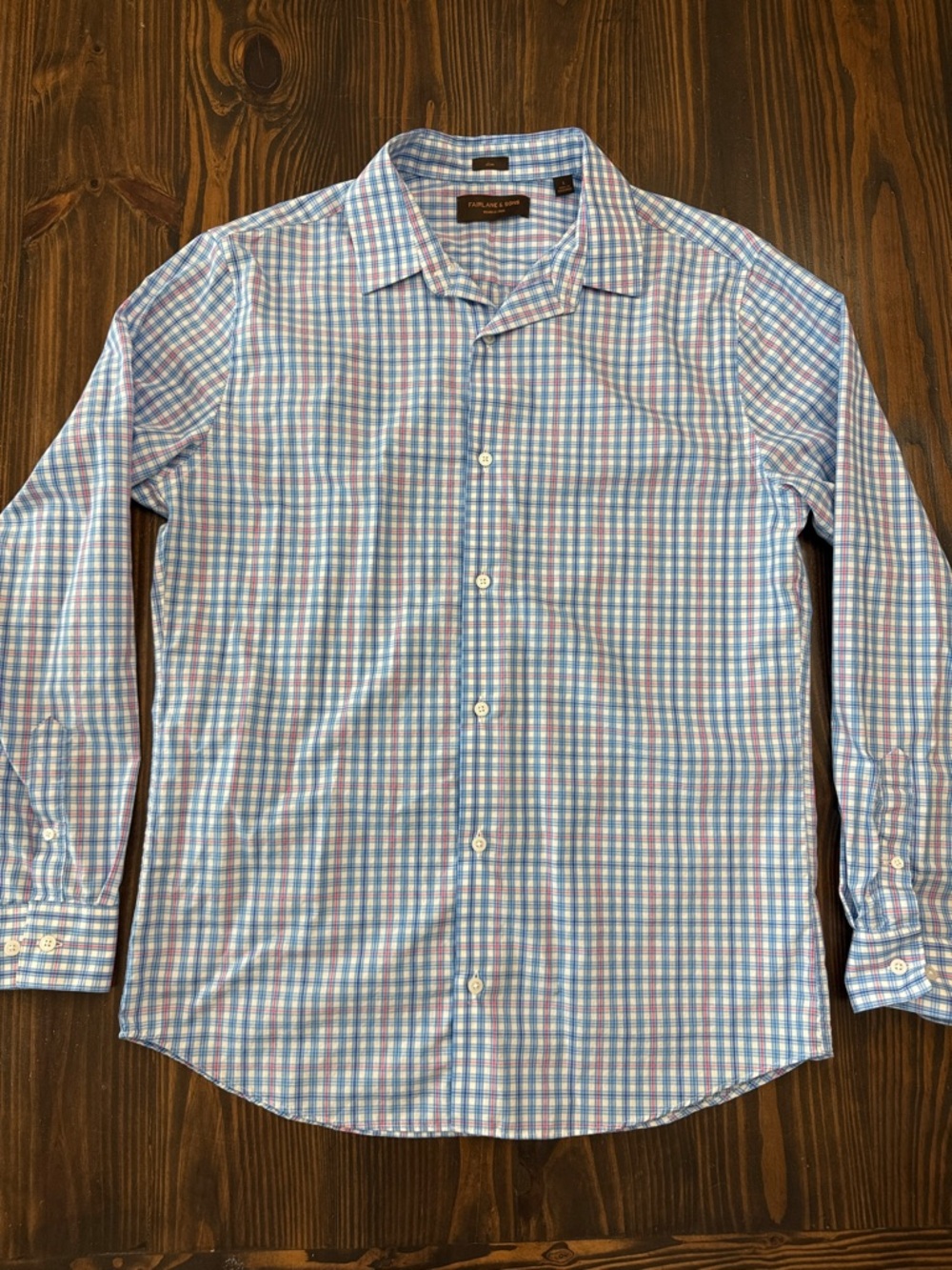 Fairlane & Sons Slim Fit Wrinkle Free Men’s Blue White Checked Dress Shirt Large